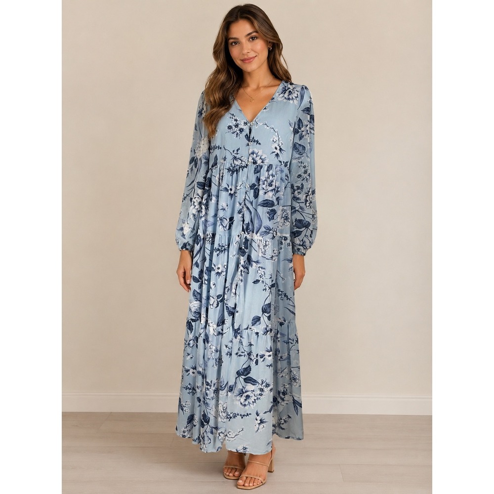 Sugar Lips Maxi Dress Womens Size S Pale Blue Floral Tiered Long Sleeve Cottage